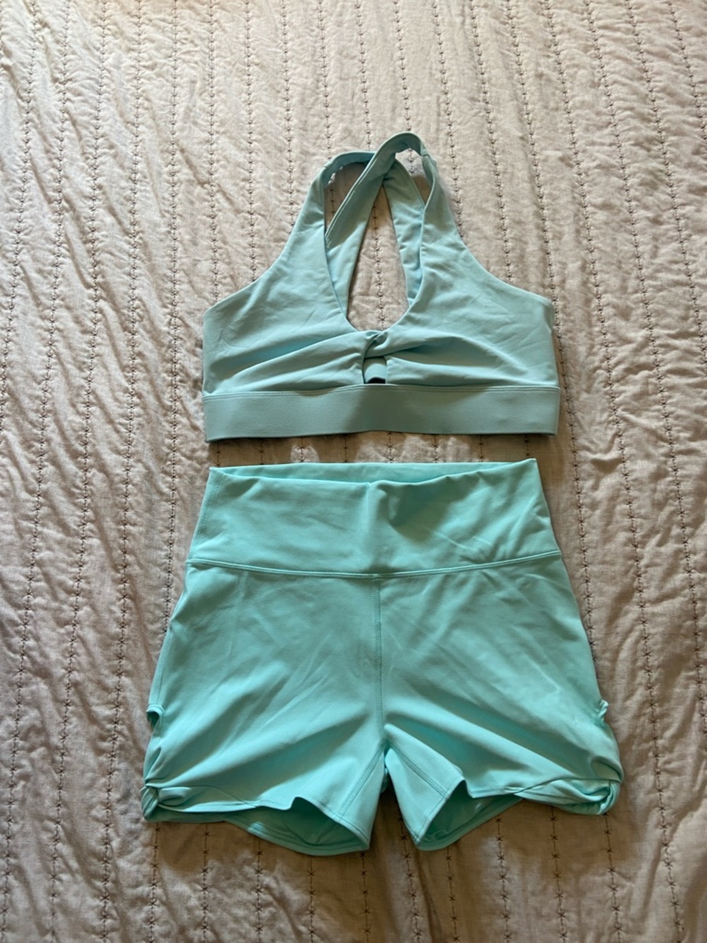 Fabletics Mint Green Sports Bra & High-Waist Shorts Set